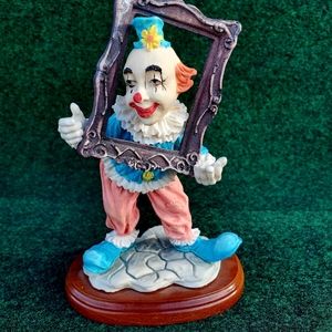 Vintage Davar Originals Taiwan Clown Figurine on wood base 7" Look Thru Frame